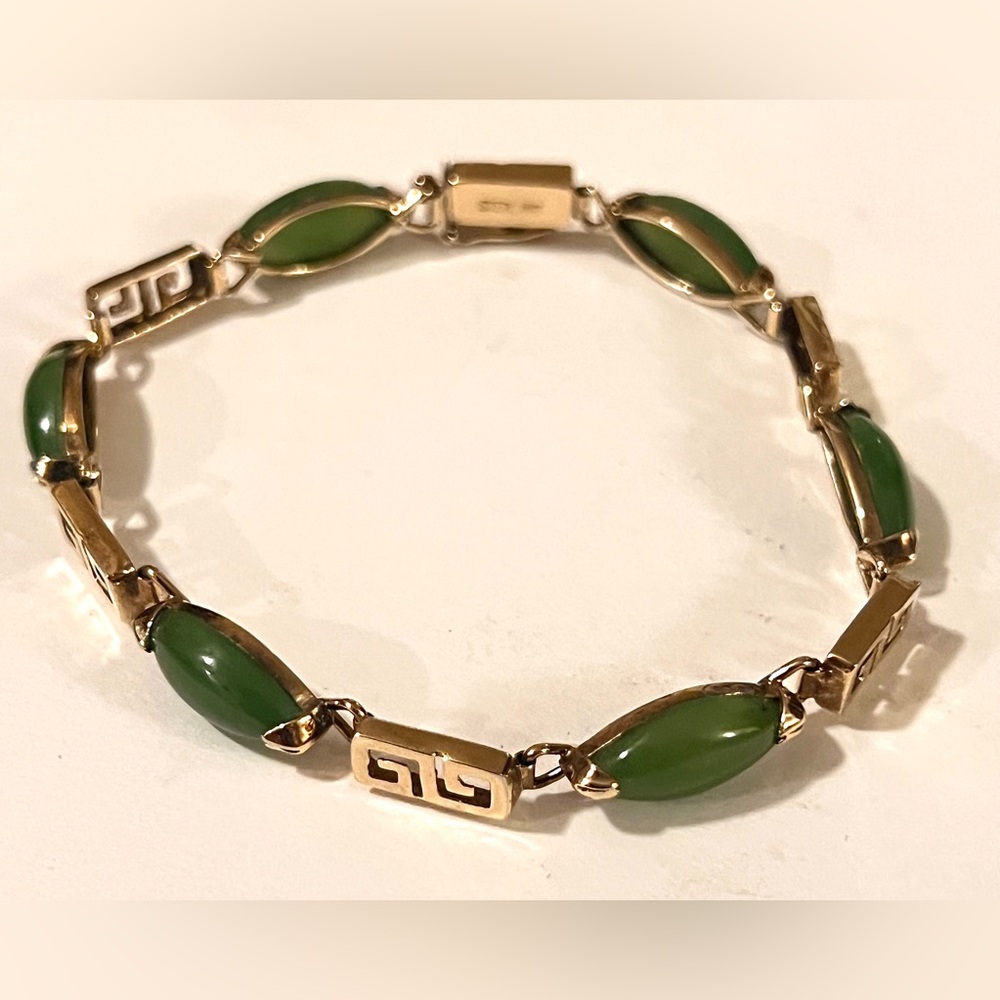VINTAGE Chinese Export Gold Plated Sterling Silver Green Jade Bracelet 7.25”
